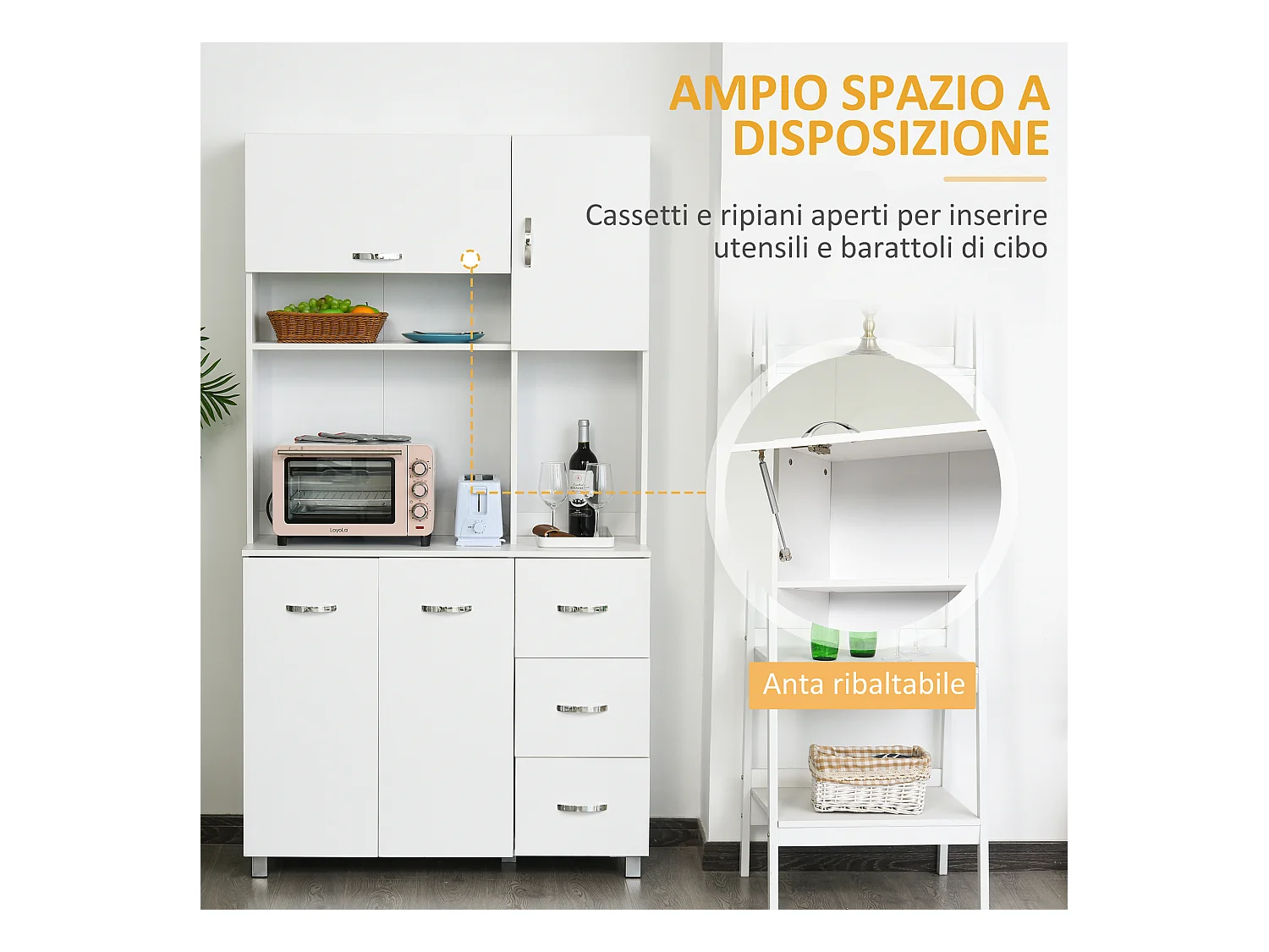 Credenza cucina moderna con cassetti armadietti e ripiani in legno