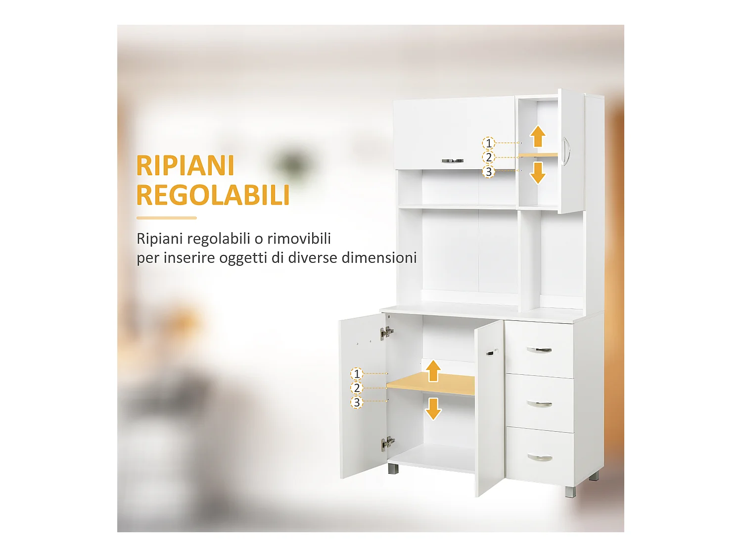 Credenza cucina moderna con cassetti armadietti e ripiani in legno