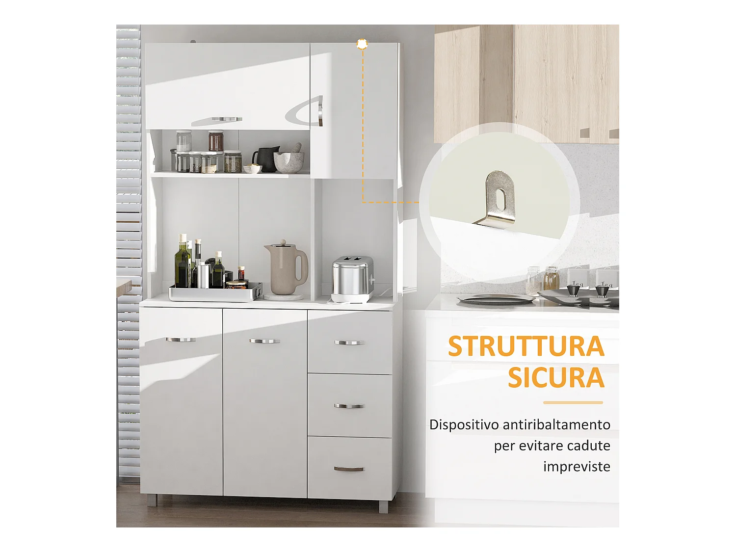 Credenza cucina moderna con cassetti armadietti e ripiani in legno
