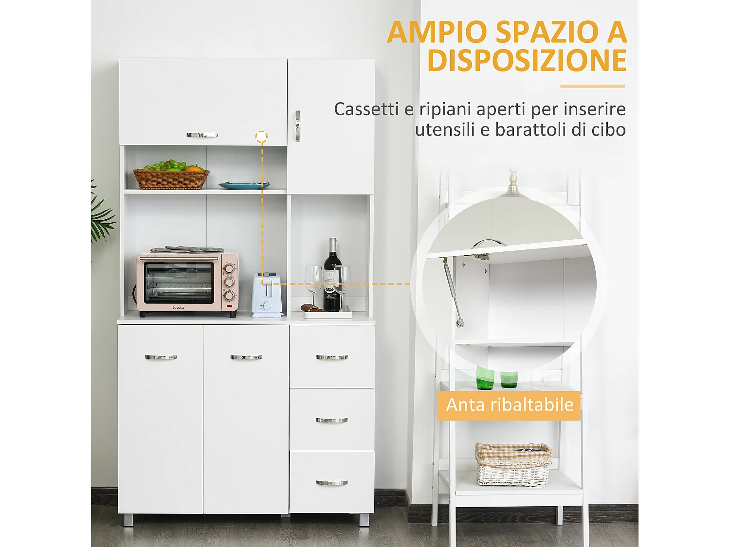 Credenza cucina moderna con cassetti armadietti e ripiani in legno