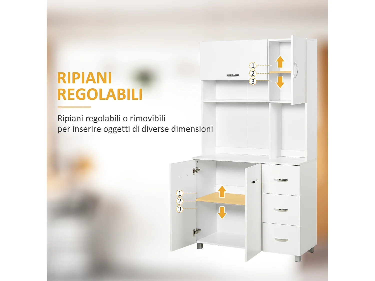 Credenza cucina moderna con cassetti armadietti e ripiani in legno