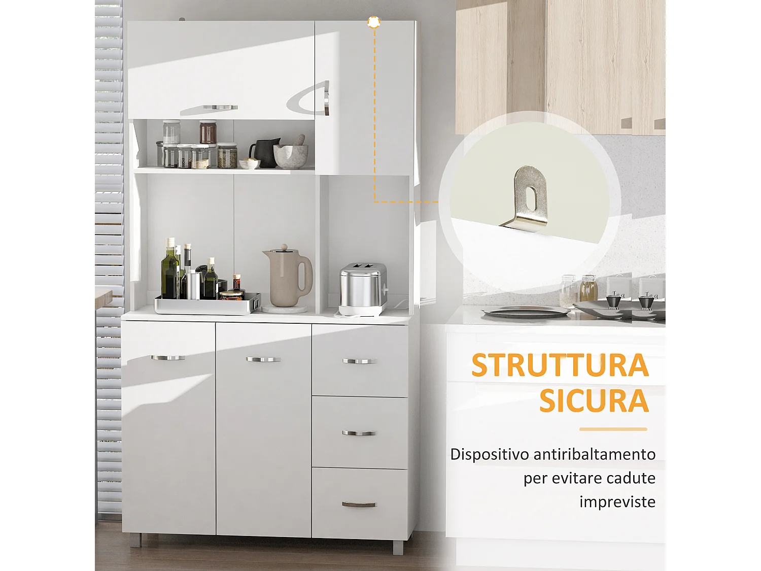 Credenza cucina moderna con cassetti armadietti e ripiani in legno