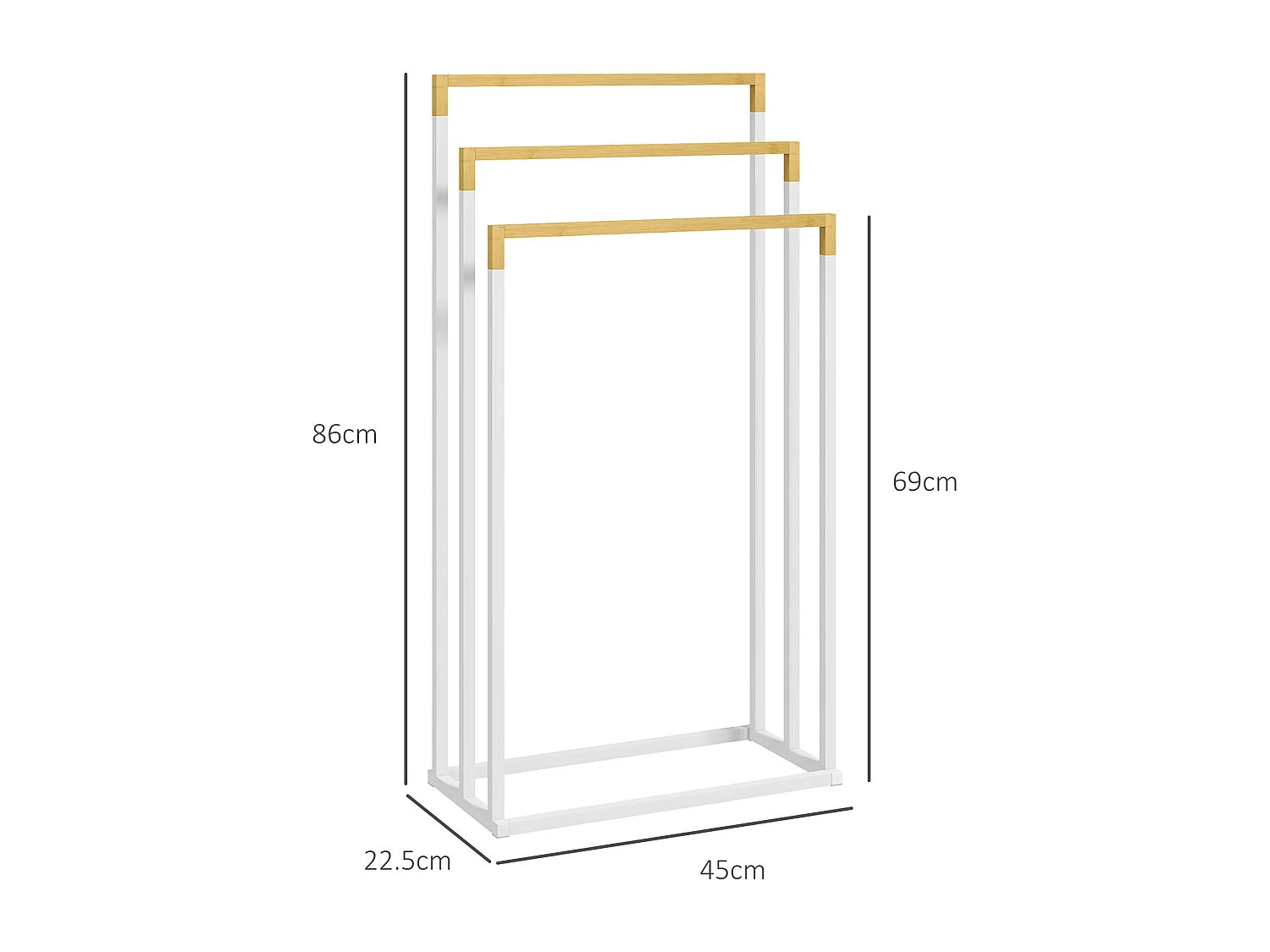 Porta asciugamani a 3 sbarre in bambù e acciaio bianco e color legno