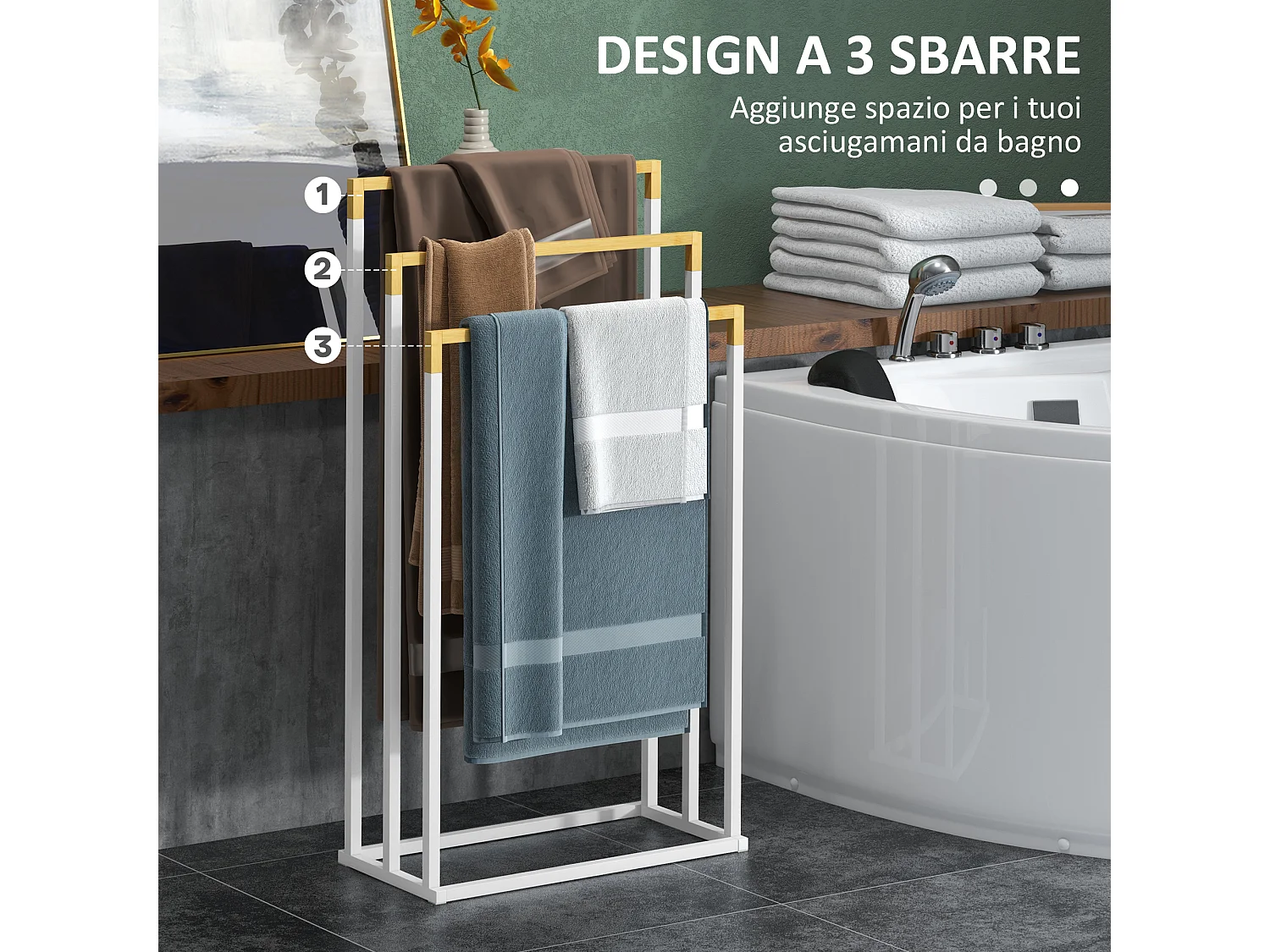 Porta asciugamani a 3 sbarre in bambù e acciaio bianco e color legno