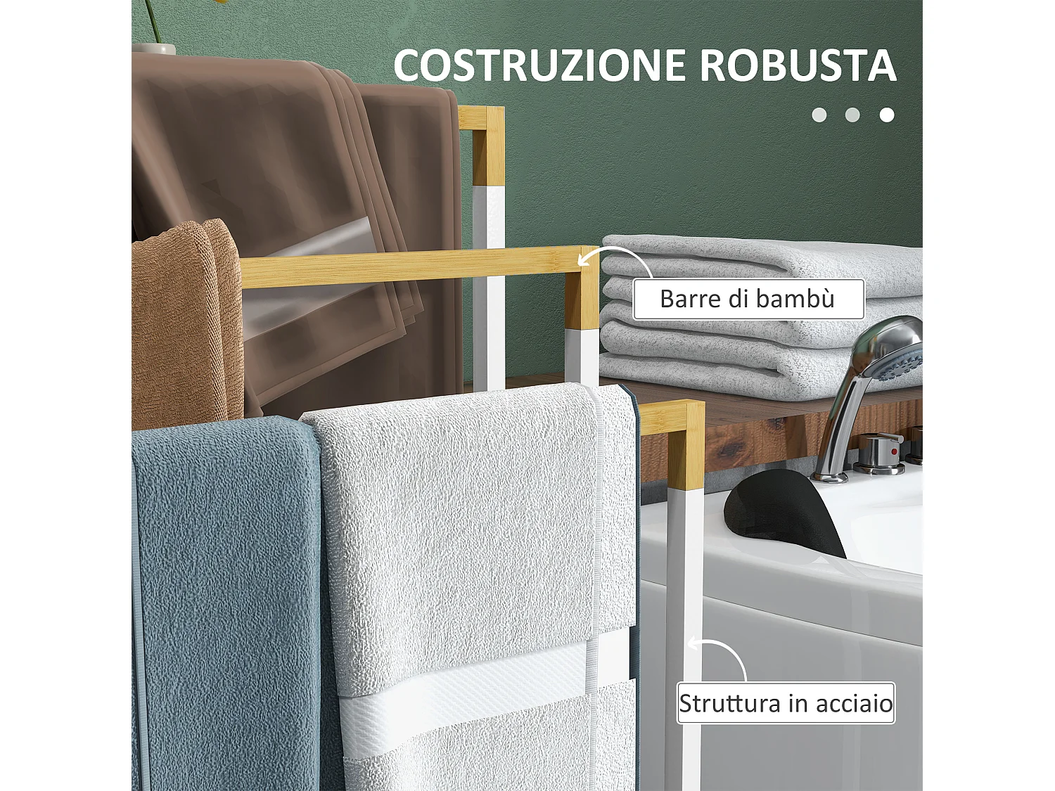 Porta asciugamani a 3 sbarre in bambù e acciaio bianco e color legno