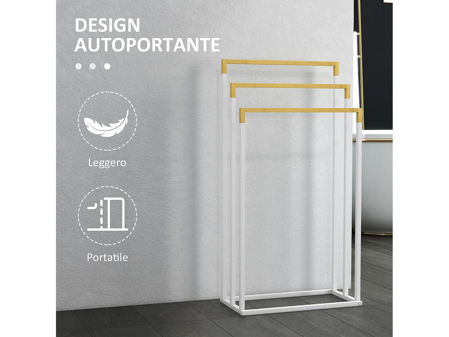 Porta asciugamani a 3 sbarre in bambù e acciaio bianco e color legno