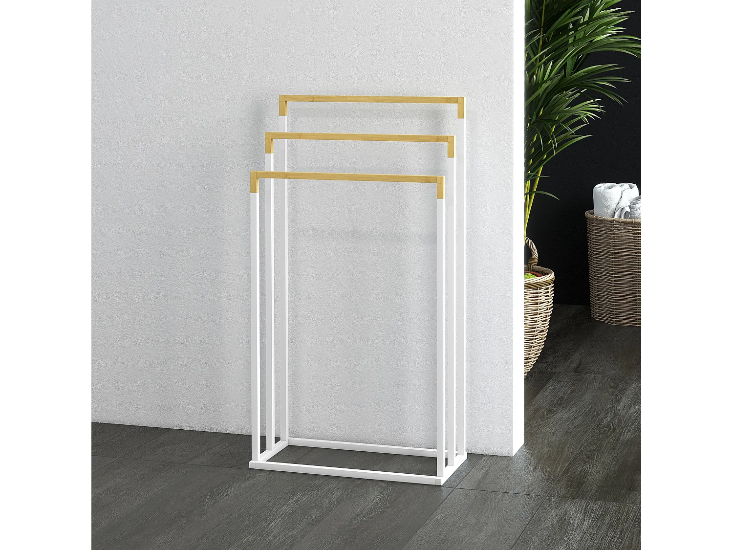 Porta asciugamani a 3 sbarre in bambù e acciaio bianco e color legno