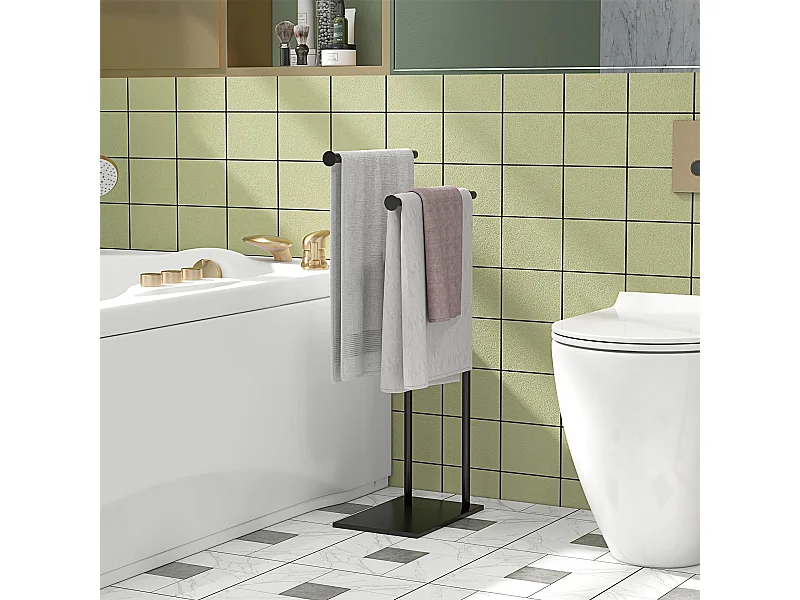 Porta asciugamani bagno da terra a 2 bracci in metallo nero