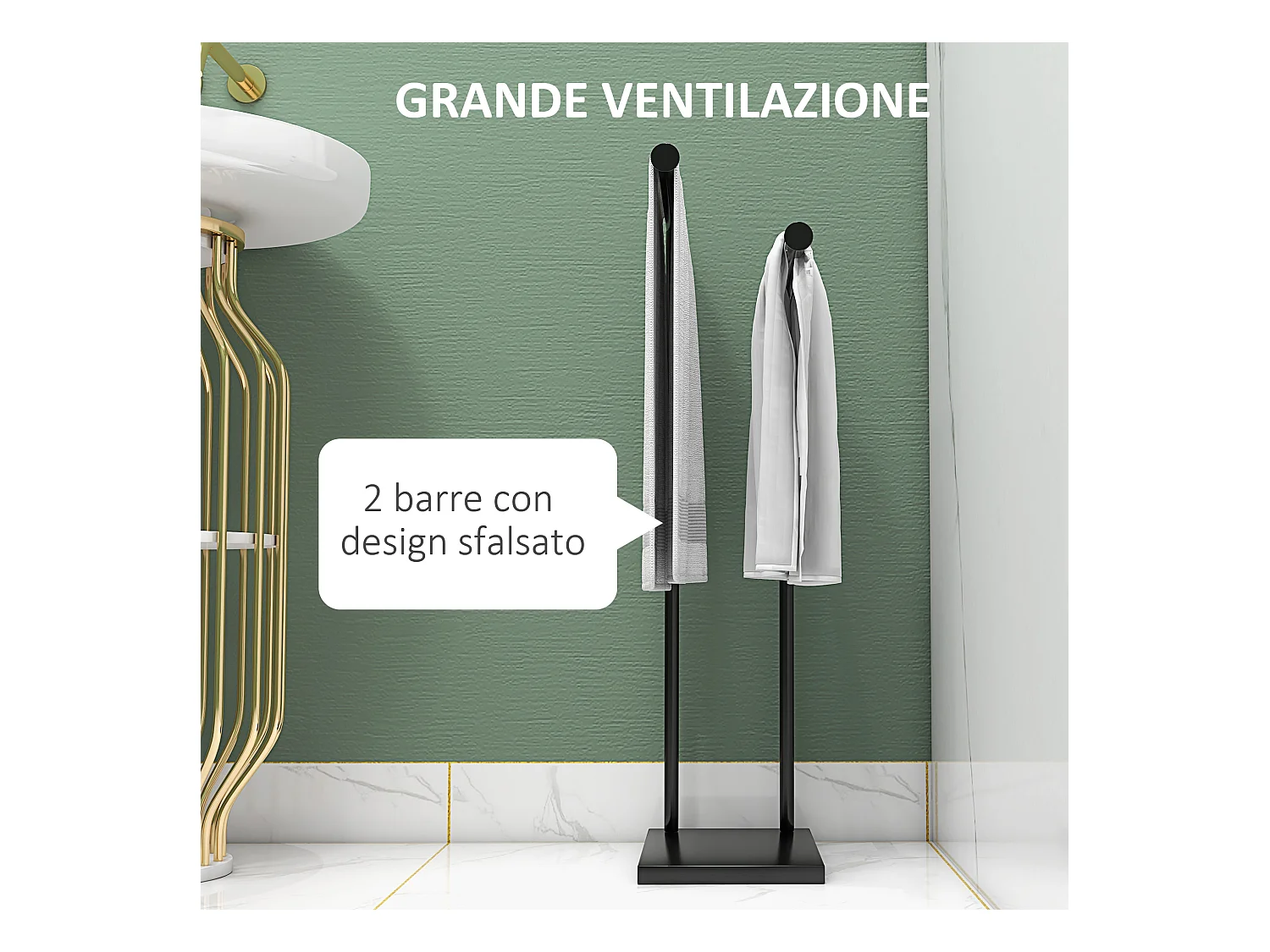Porta asciugamani bagno da terra a 2 bracci in metallo nero