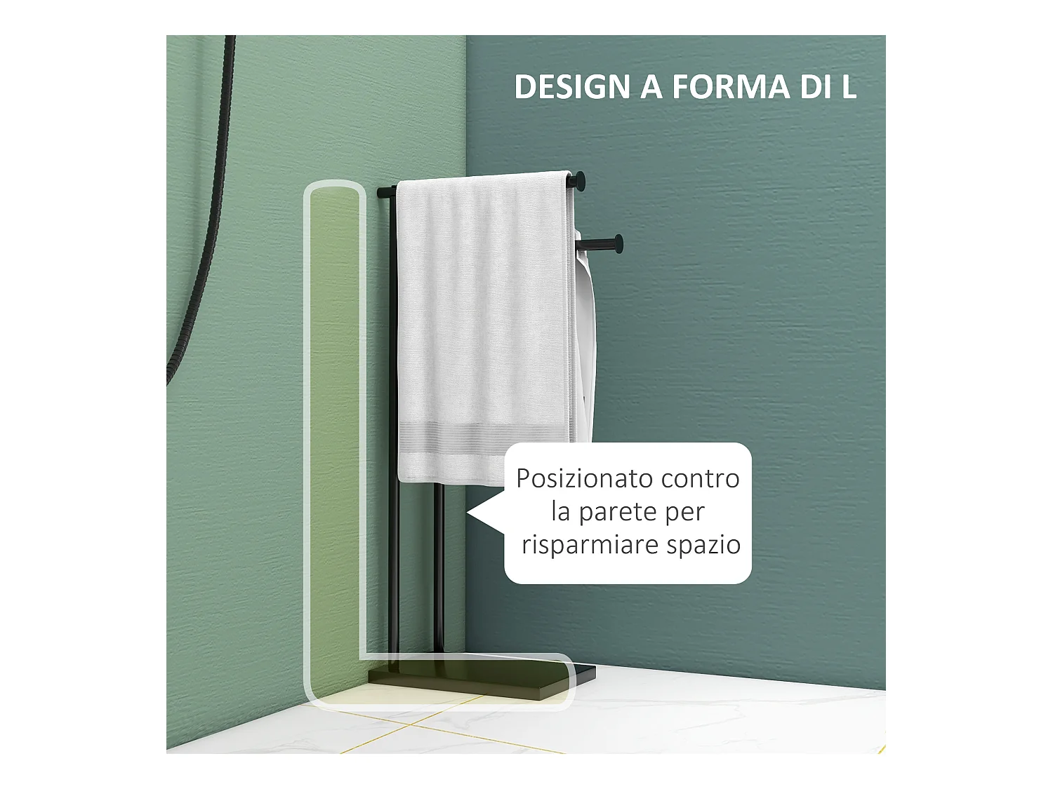 Porta asciugamani bagno da terra a 2 bracci in metallo nero