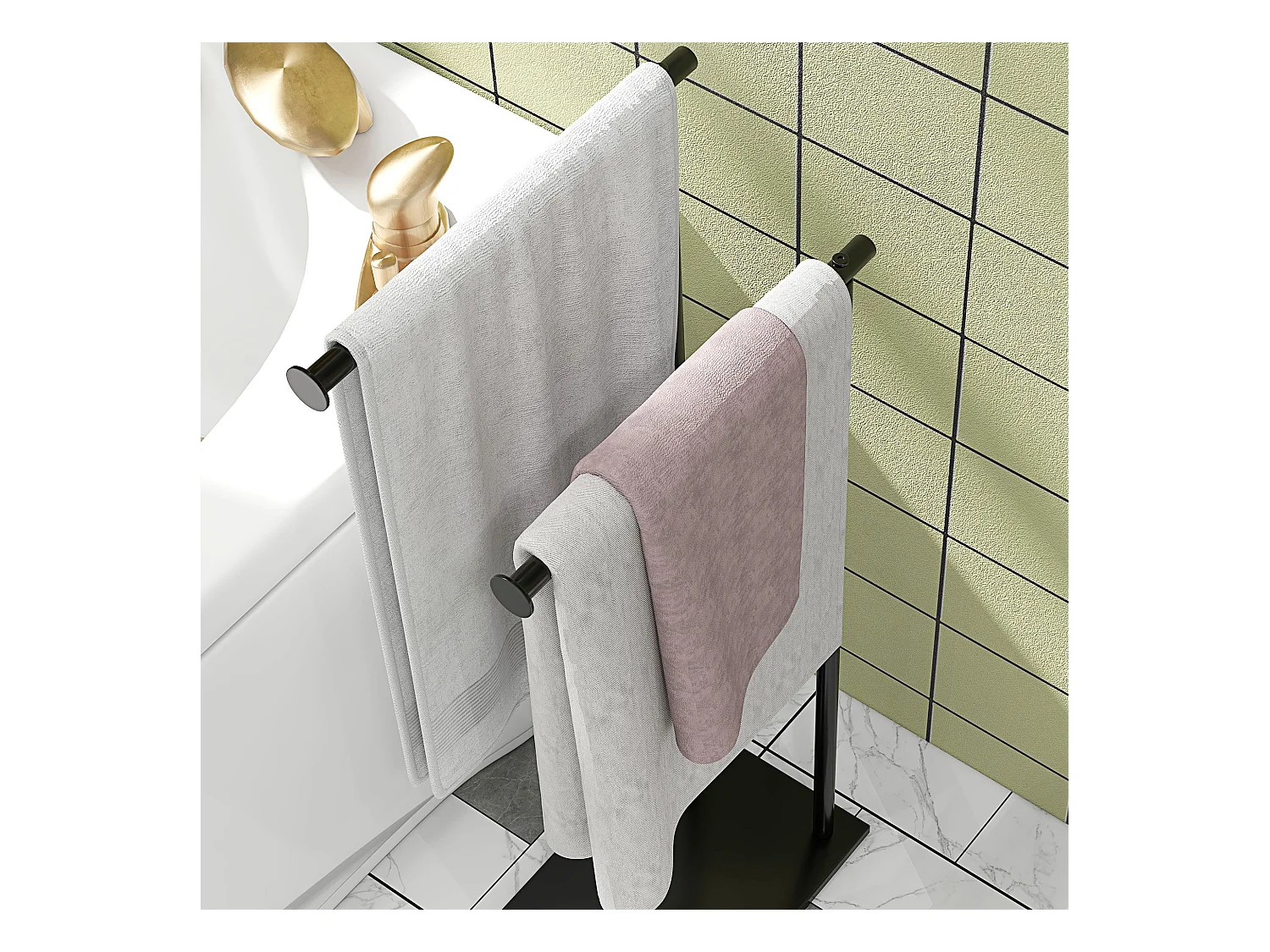 Porta asciugamani bagno da terra a 2 bracci in metallo nero