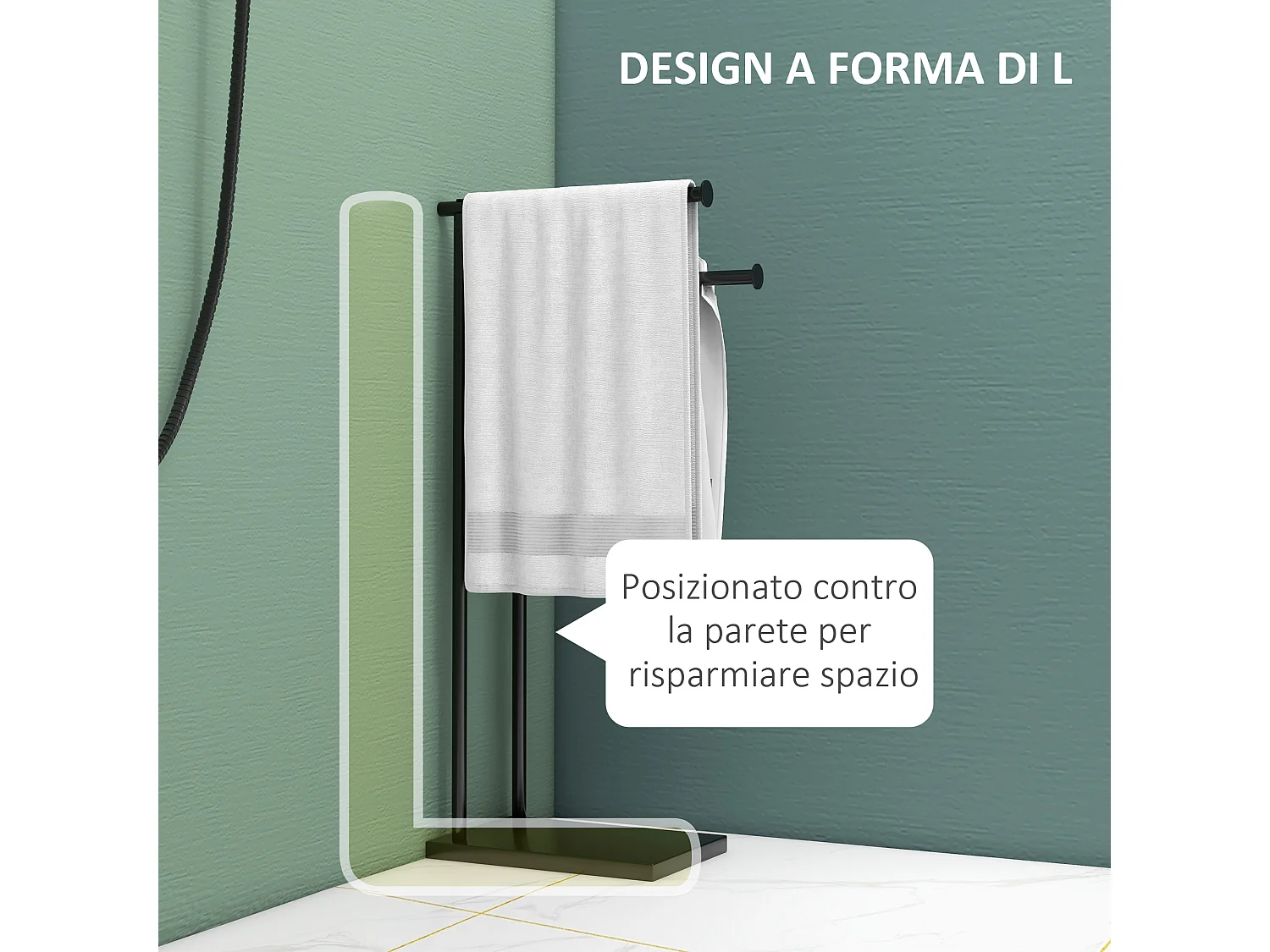 Porta asciugamani bagno da terra a 2 bracci in metallo nero