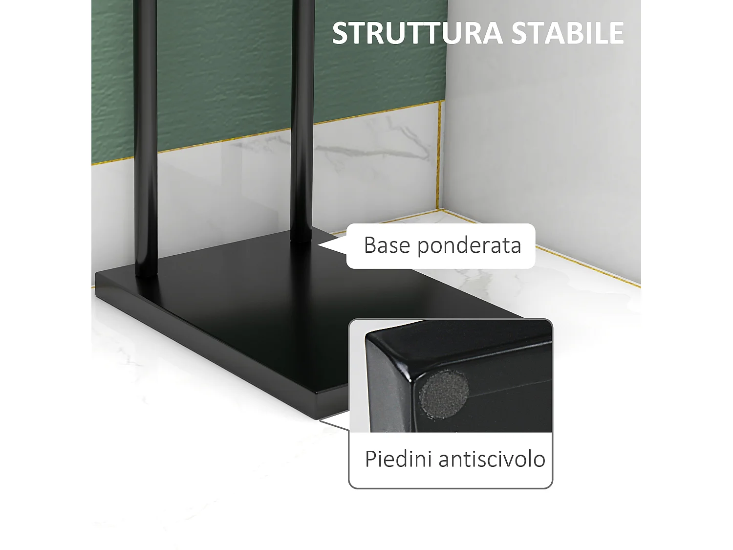 Porta asciugamani bagno da terra a 2 bracci in metallo nero