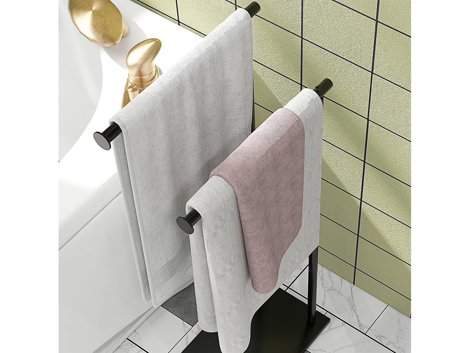 Porta asciugamani bagno da terra a 2 bracci in metallo nero