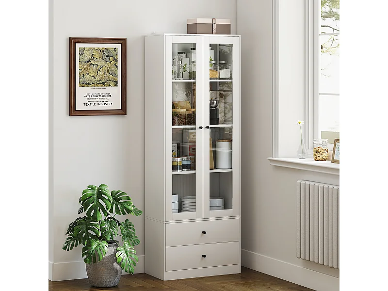 Credenza cucina con 2 cassetti e armadietto con ante in vetro bianco