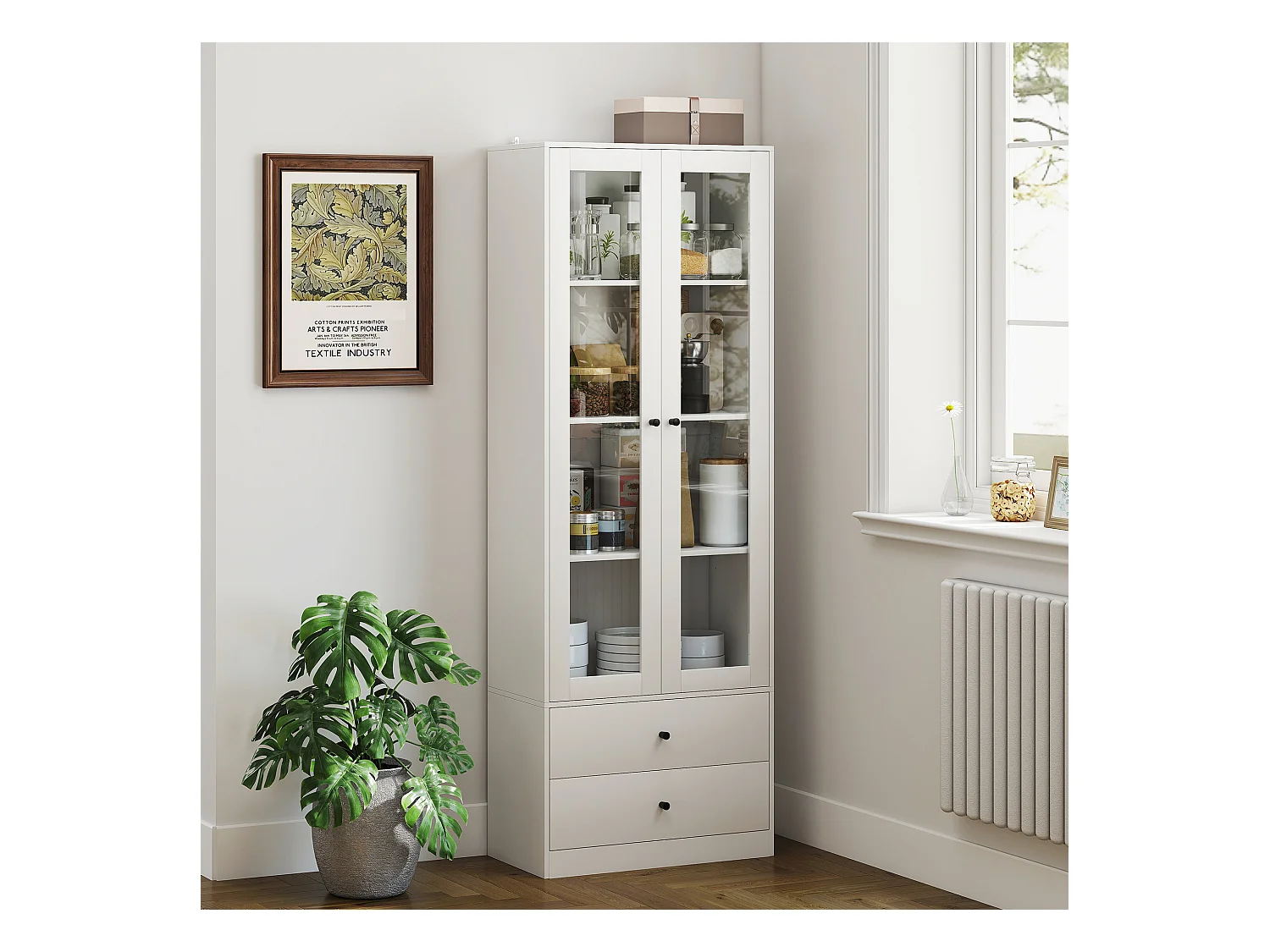 Credenza cucina con 2 cassetti e armadietto con ante in vetro bianco