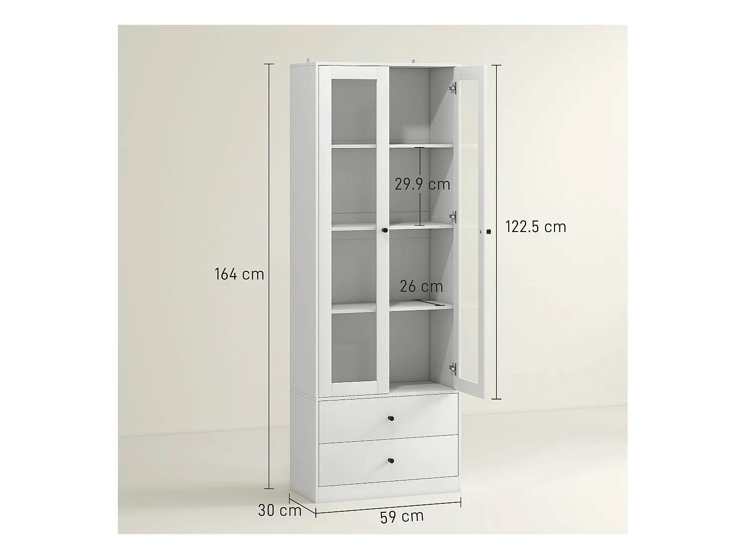 Credenza cucina con 2 cassetti e armadietto con ante in vetro bianco