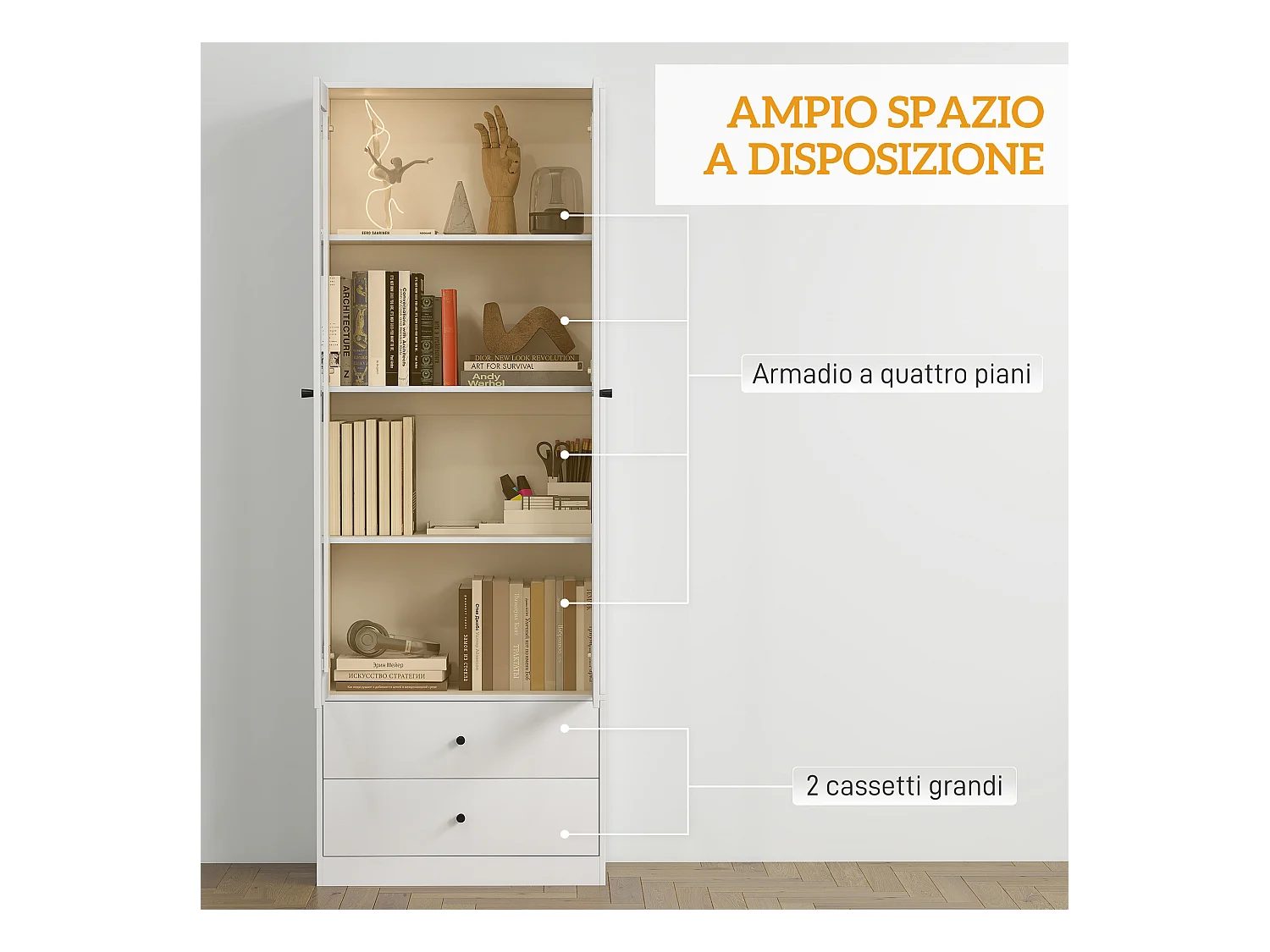 Credenza cucina con 2 cassetti e armadietto con ante in vetro bianco