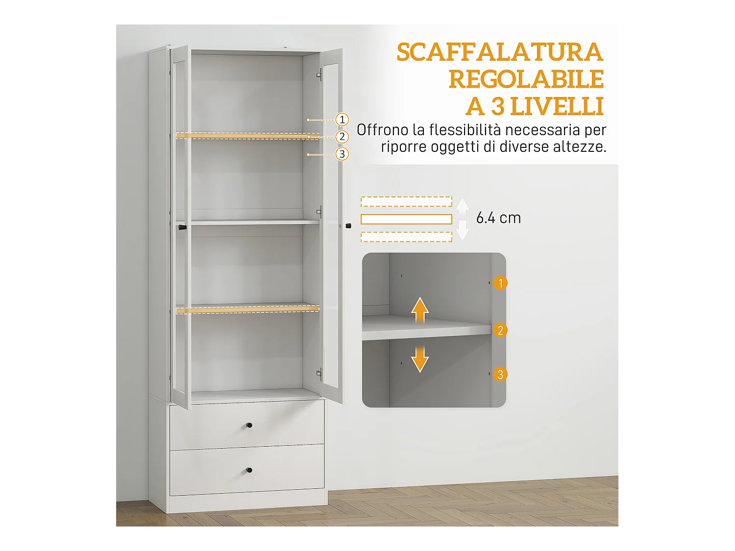 Credenza cucina con 2 cassetti e armadietto con ante in vetro bianco