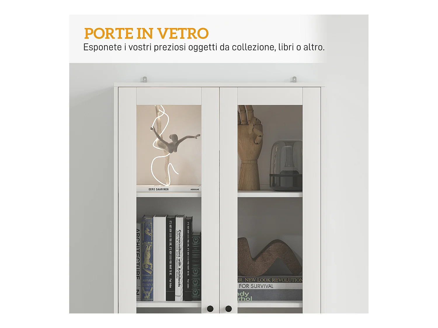 Credenza cucina con 2 cassetti e armadietto con ante in vetro bianco