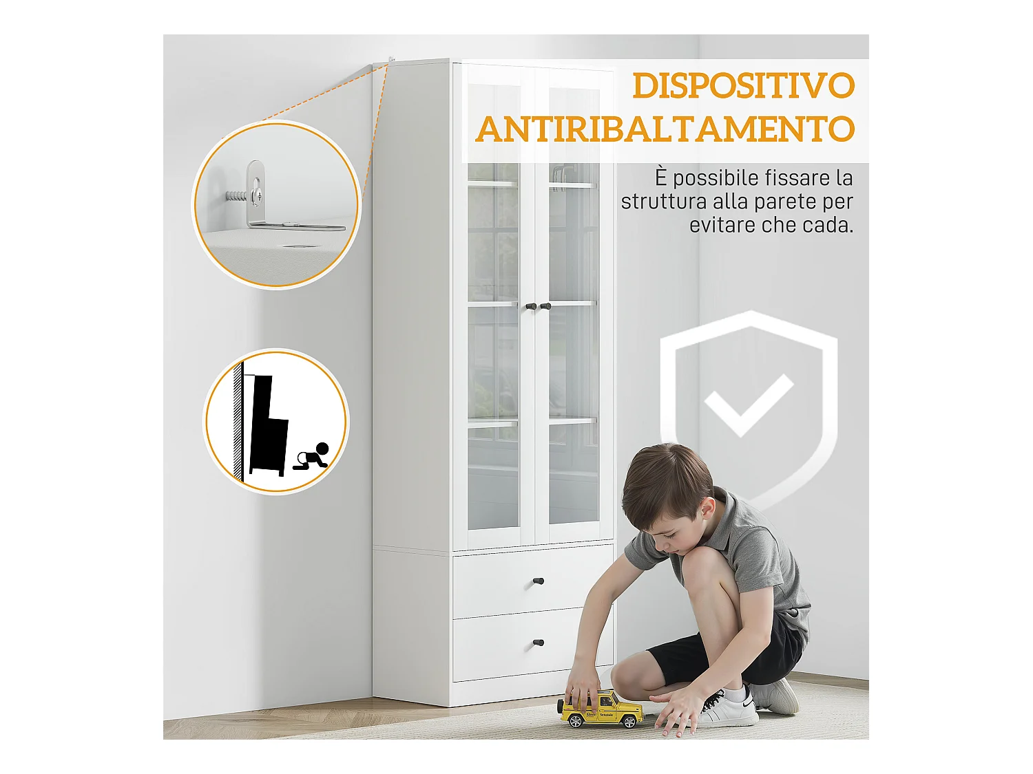 Credenza cucina con 2 cassetti e armadietto con ante in vetro bianco