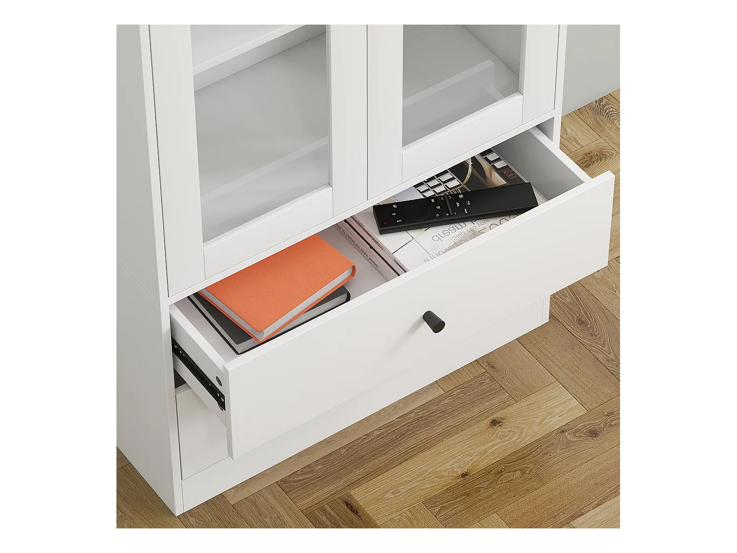 Credenza cucina con 2 cassetti e armadietto con ante in vetro bianco