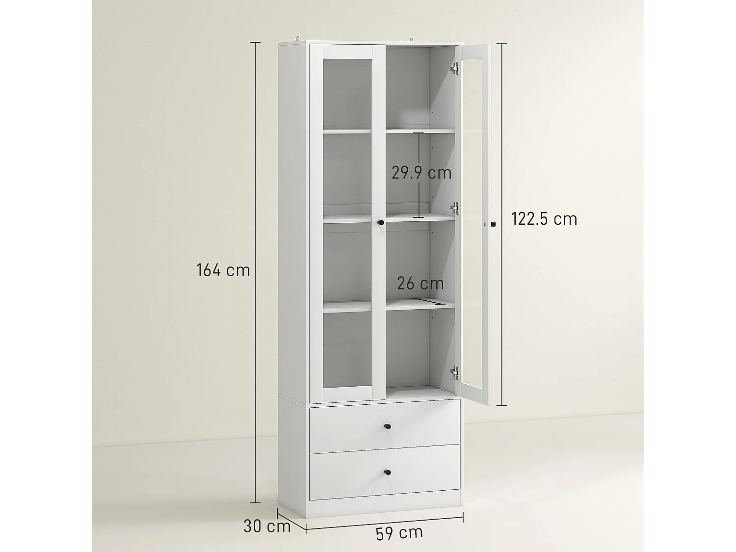 Credenza cucina con 2 cassetti e armadietto con ante in vetro bianco
