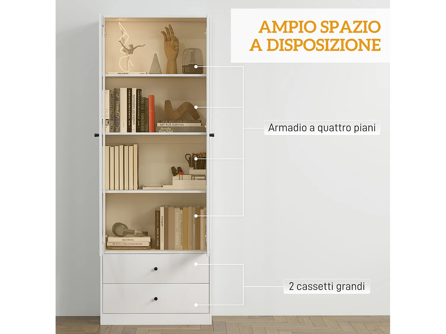 Credenza cucina con 2 cassetti e armadietto con ante in vetro bianco