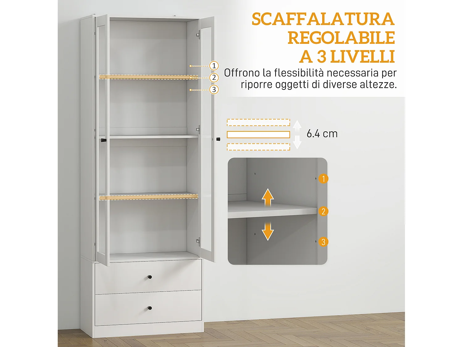 Credenza cucina con 2 cassetti e armadietto con ante in vetro bianco