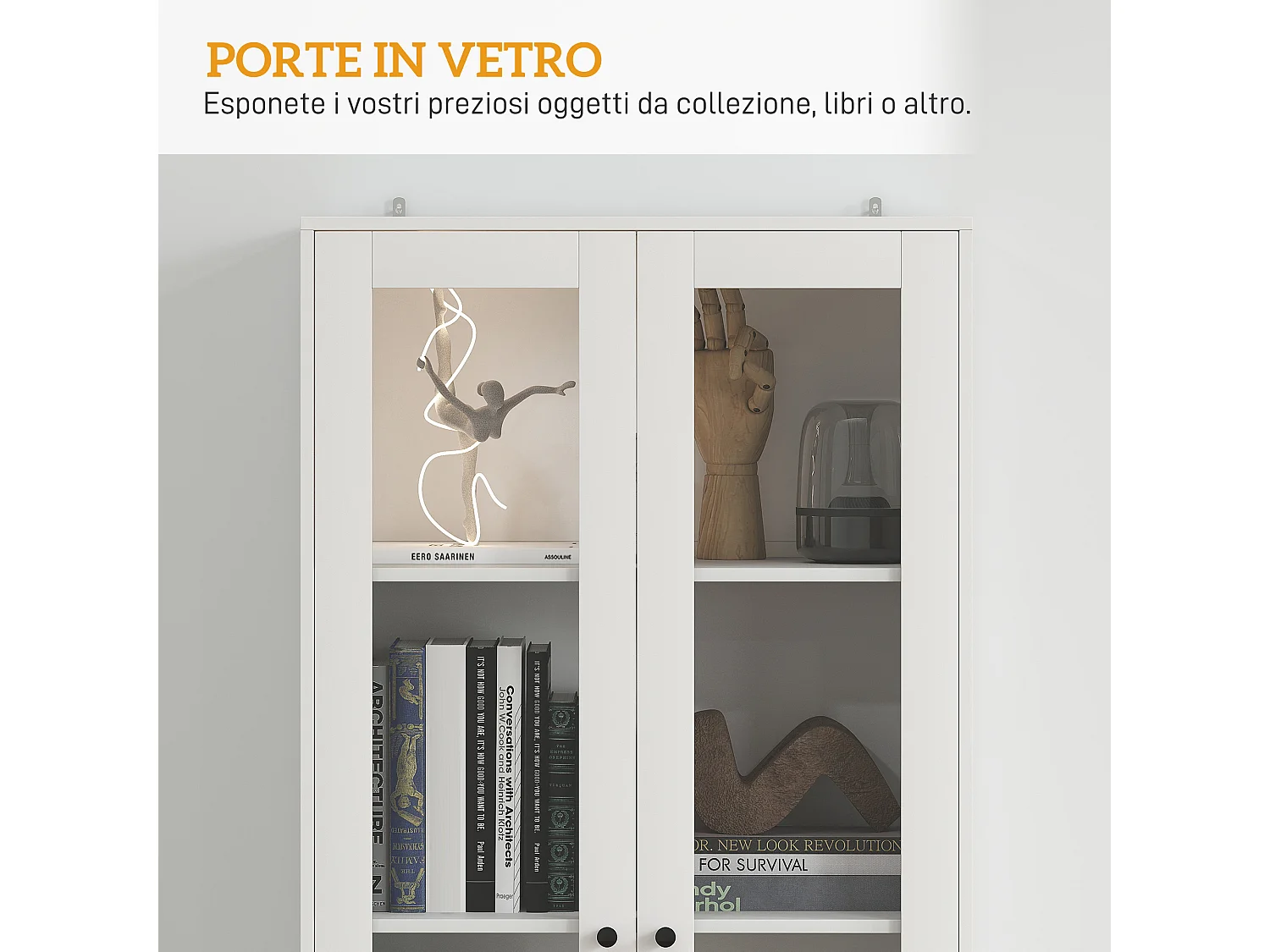 Credenza cucina con 2 cassetti e armadietto con ante in vetro bianco