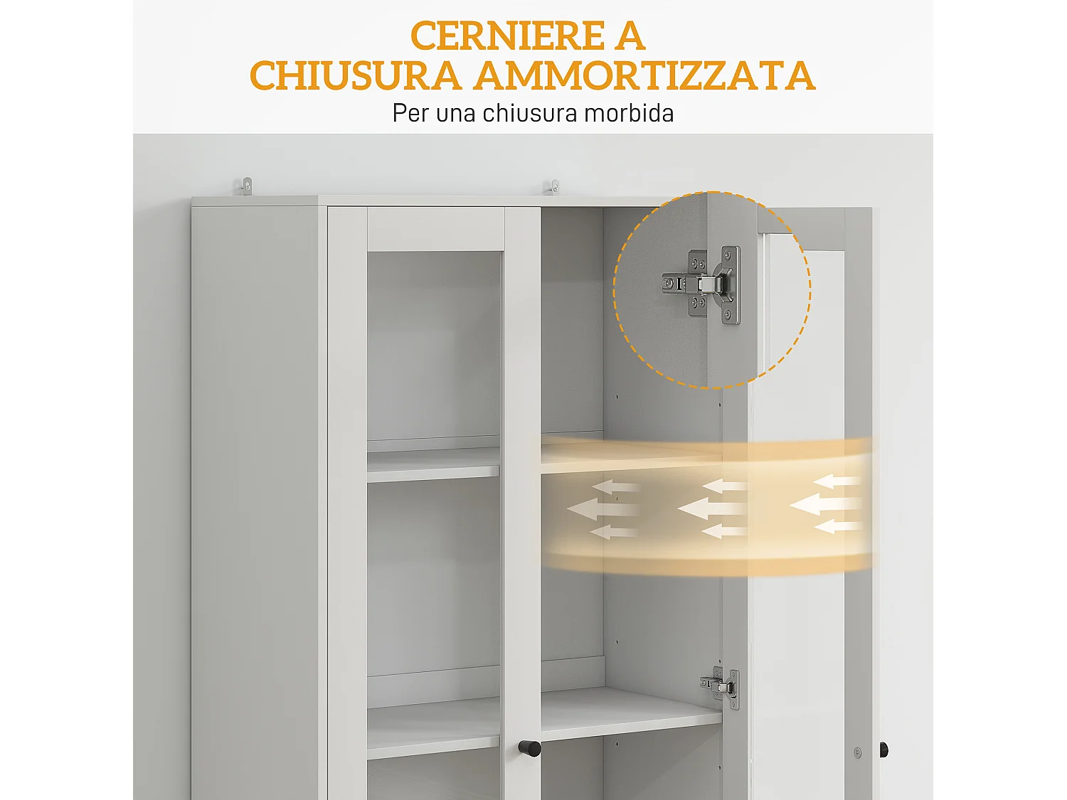 Credenza cucina con 2 cassetti e armadietto con ante in vetro bianco