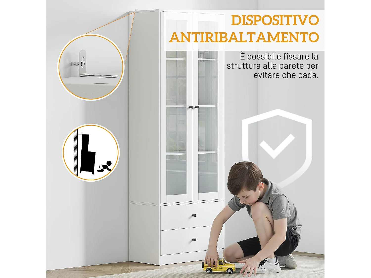 Credenza cucina con 2 cassetti e armadietto con ante in vetro bianco
