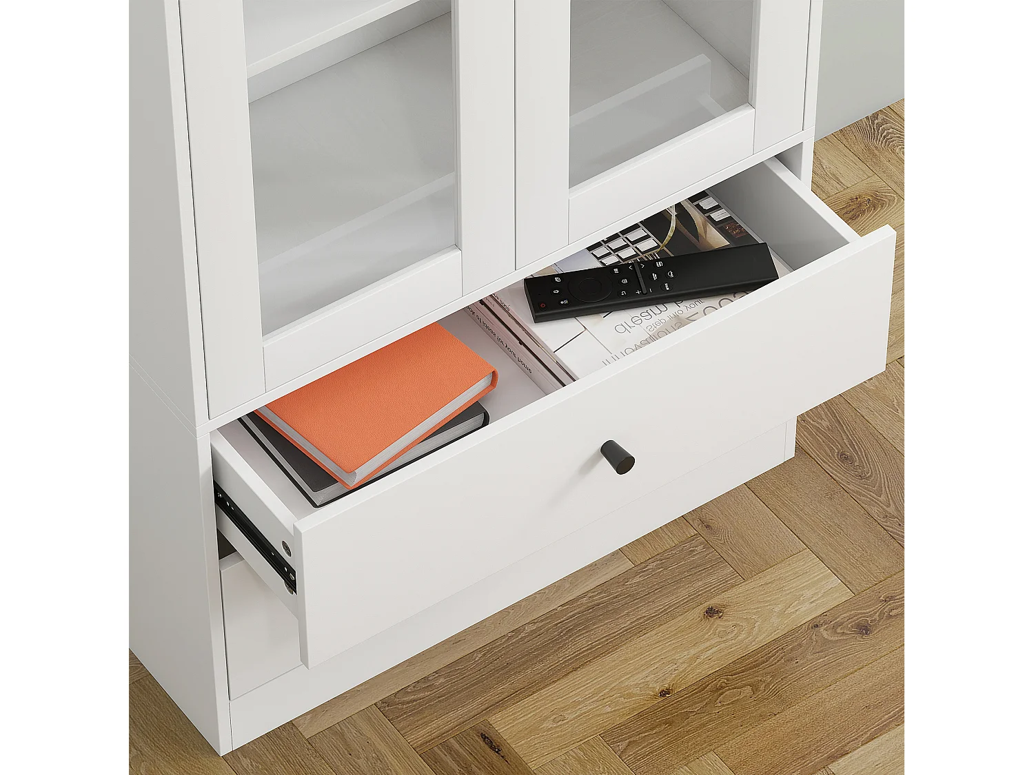 Credenza cucina con 2 cassetti e armadietto con ante in vetro bianco