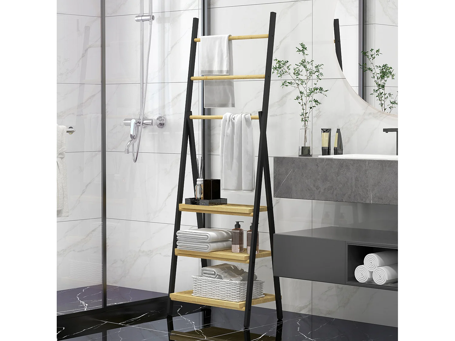 Portasciugamani pieghevole con 3 barre e 3 ripiani in bambù e acciaio