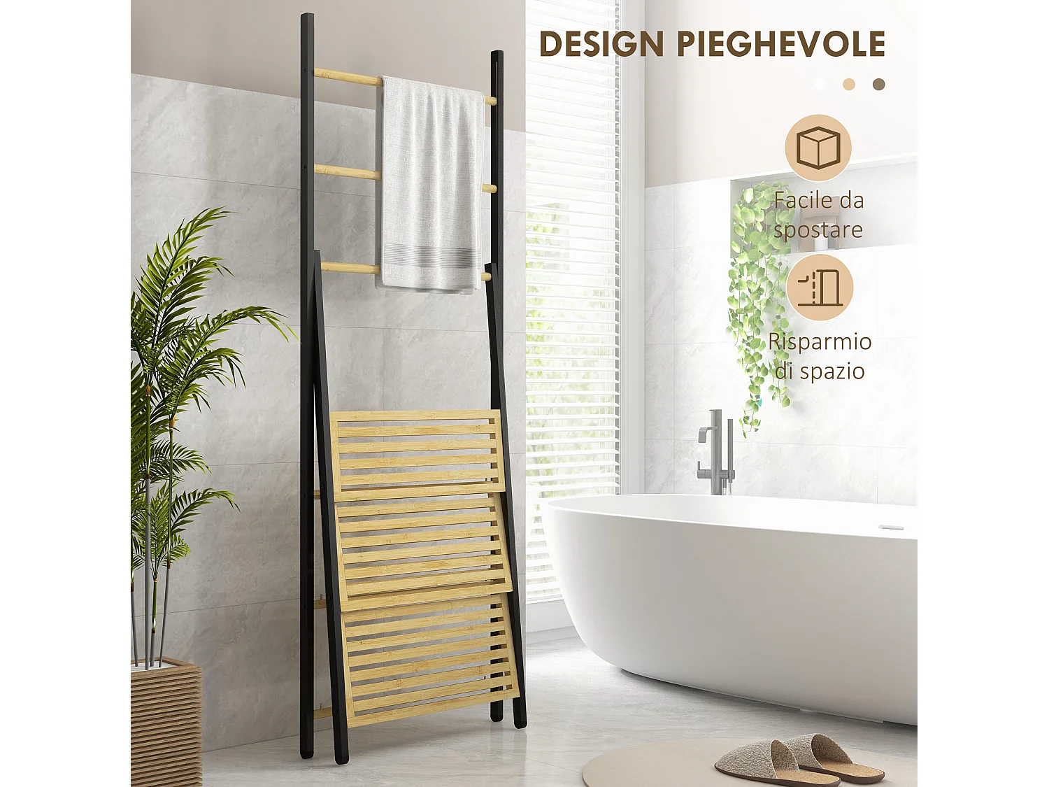 Portasciugamani pieghevole con 3 barre e 3 ripiani in bambù e acciaio