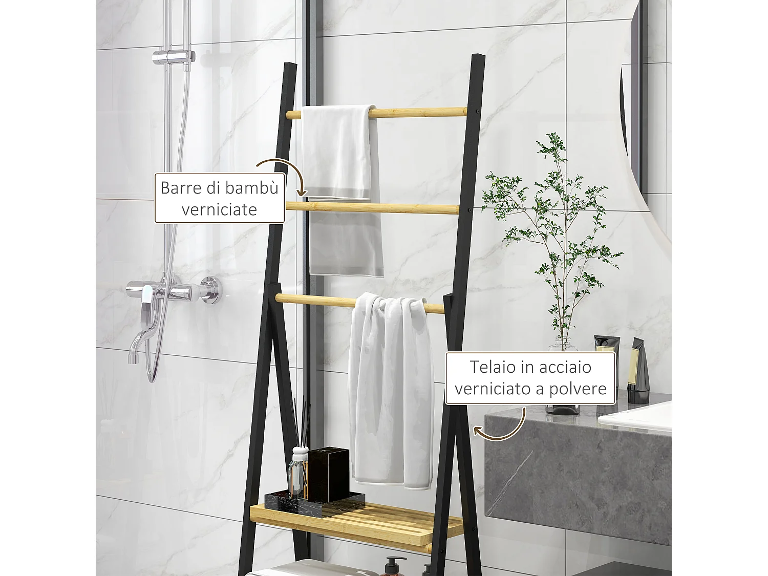 Portasciugamani pieghevole con 3 barre e 3 ripiani in bambù e acciaio