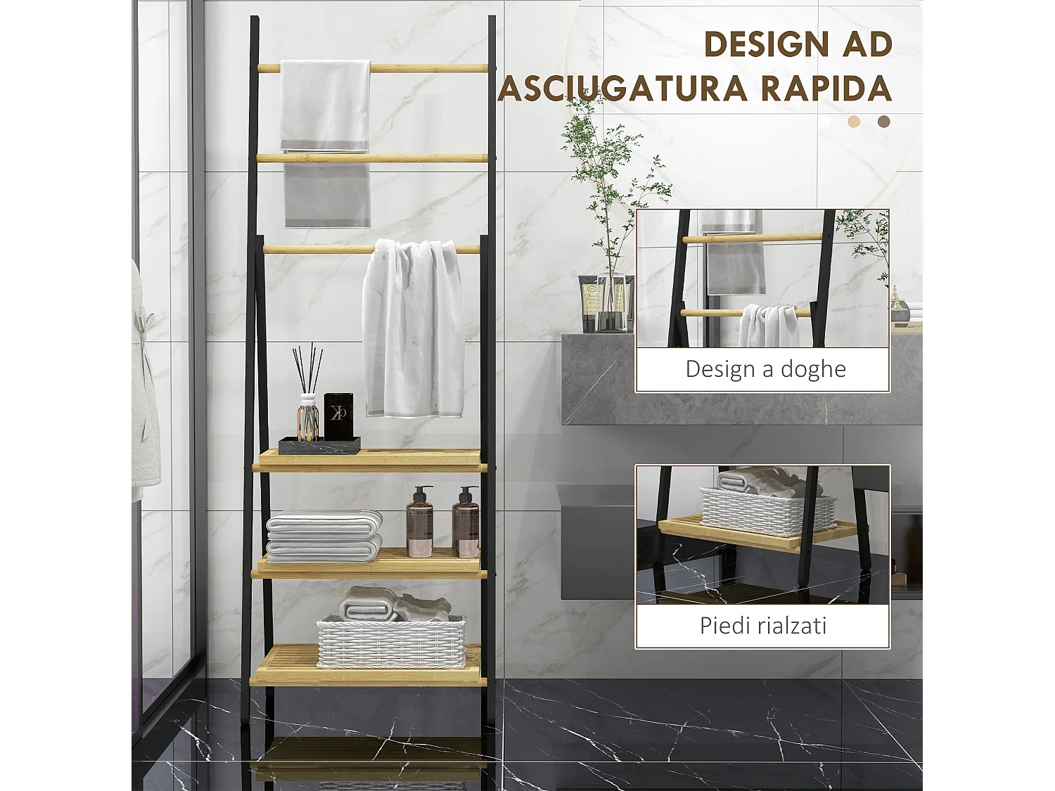 Portasciugamani pieghevole con 3 barre e 3 ripiani in bambù e acciaio