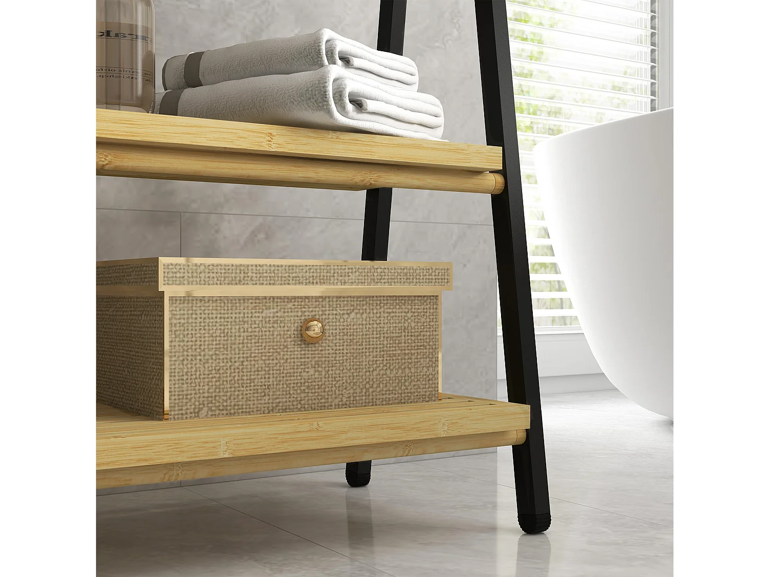 Portasciugamani pieghevole con 3 barre e 3 ripiani in bambù e acciaio