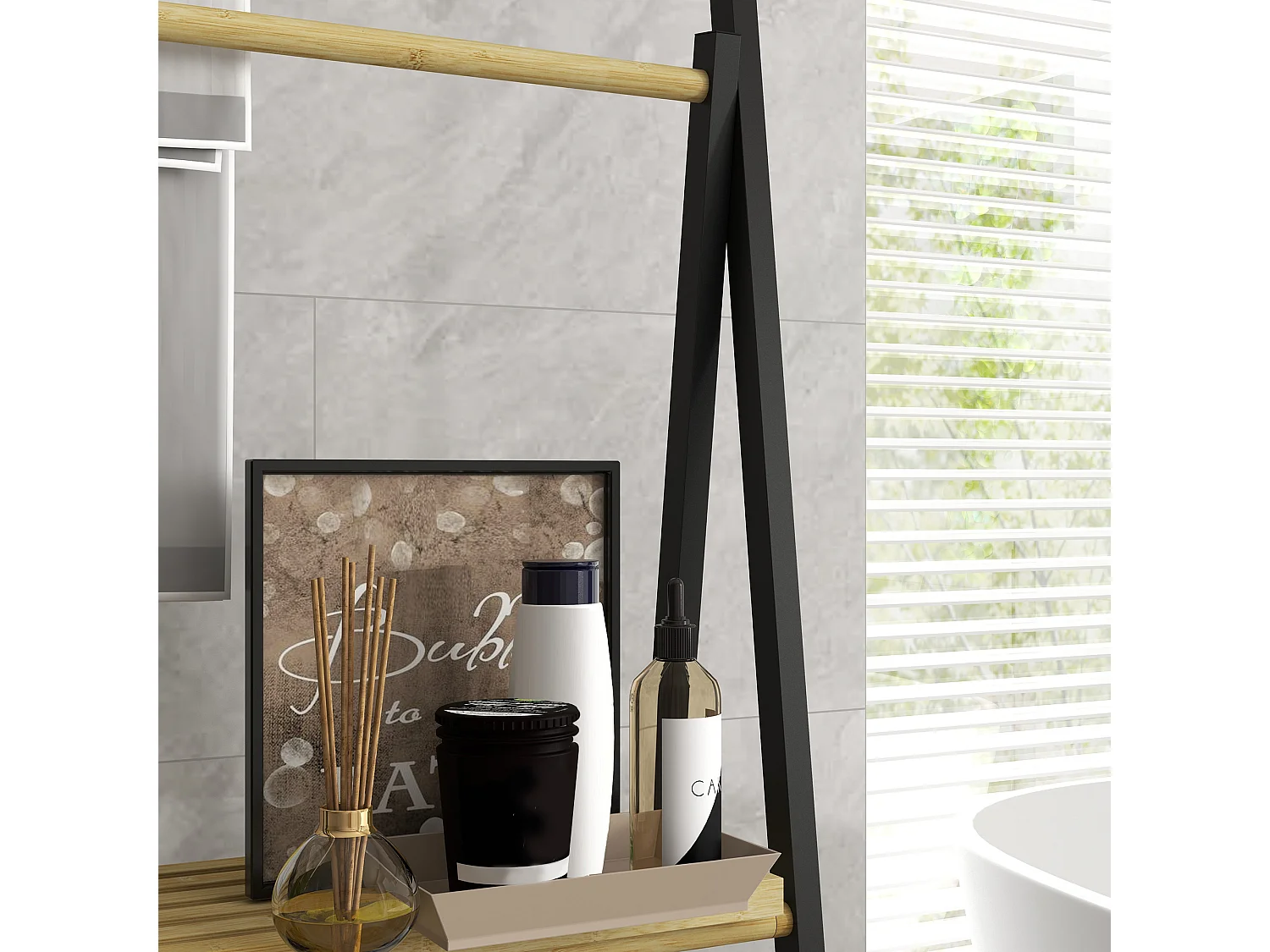 Portasciugamani pieghevole con 3 barre e 3 ripiani in bambù e acciaio