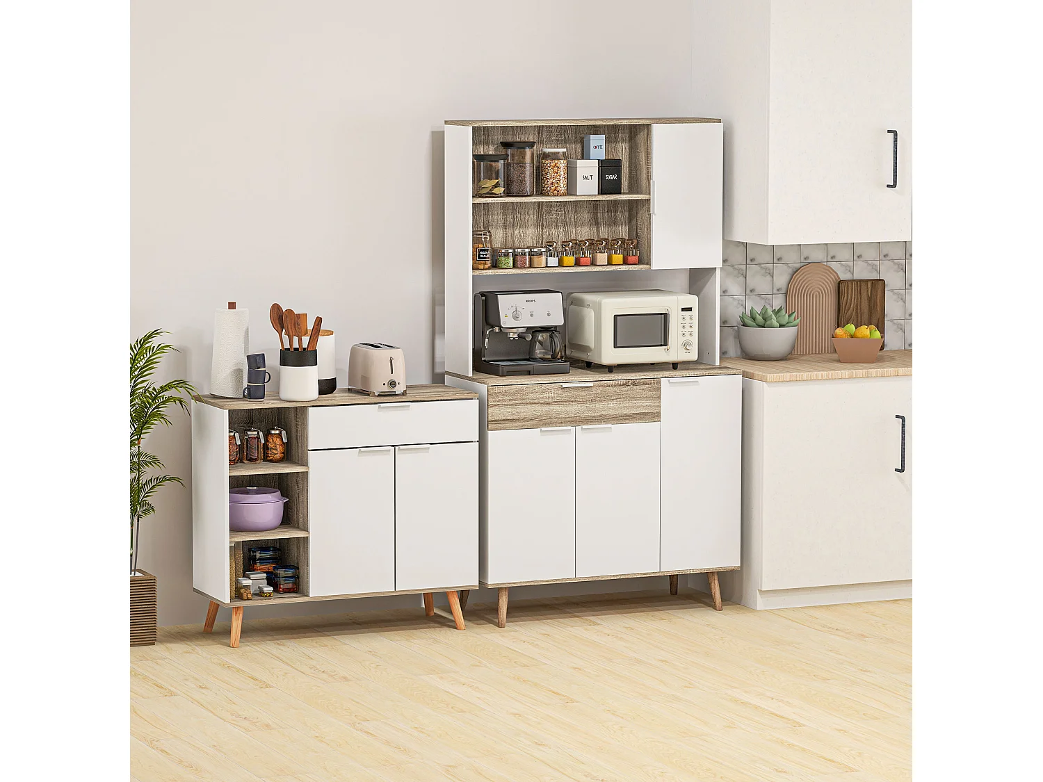 Credenza moderna con armadietti e cassetto 98x39x180cm bianco e legno