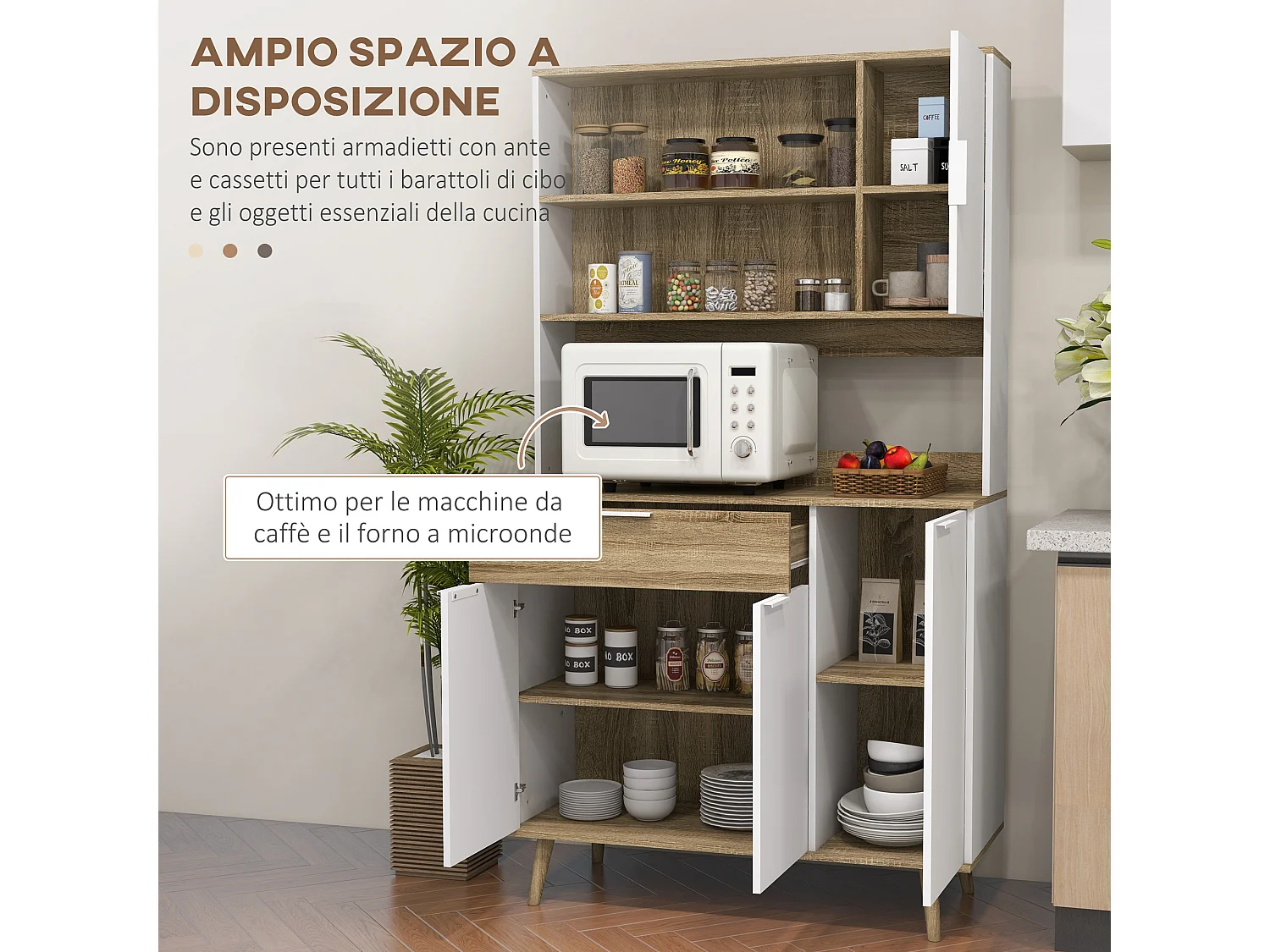Credenza moderna con armadietti e cassetto 98x39x180cm bianco e legno