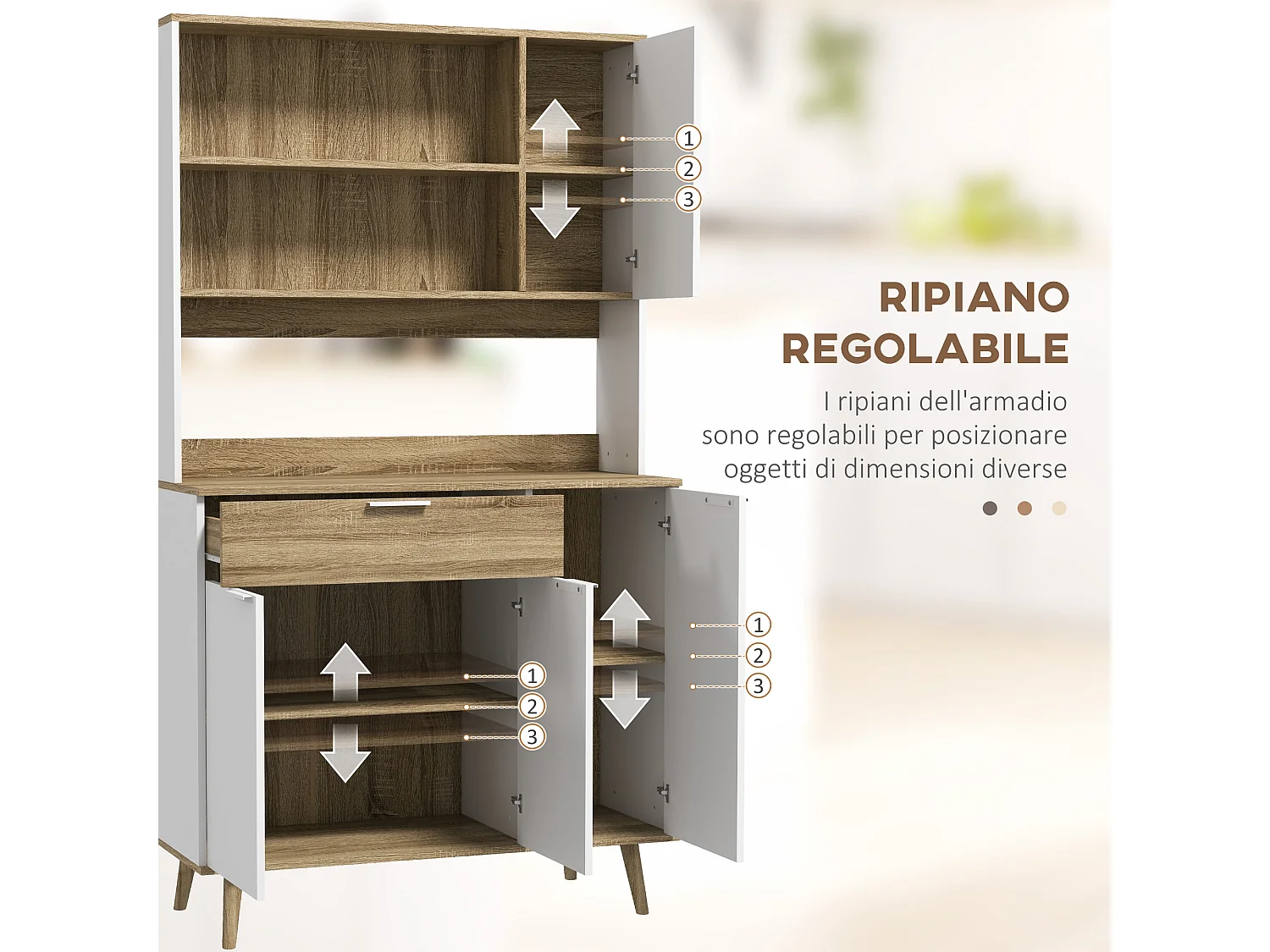 Credenza moderna con armadietti e cassetto 98x39x180cm bianco e legno