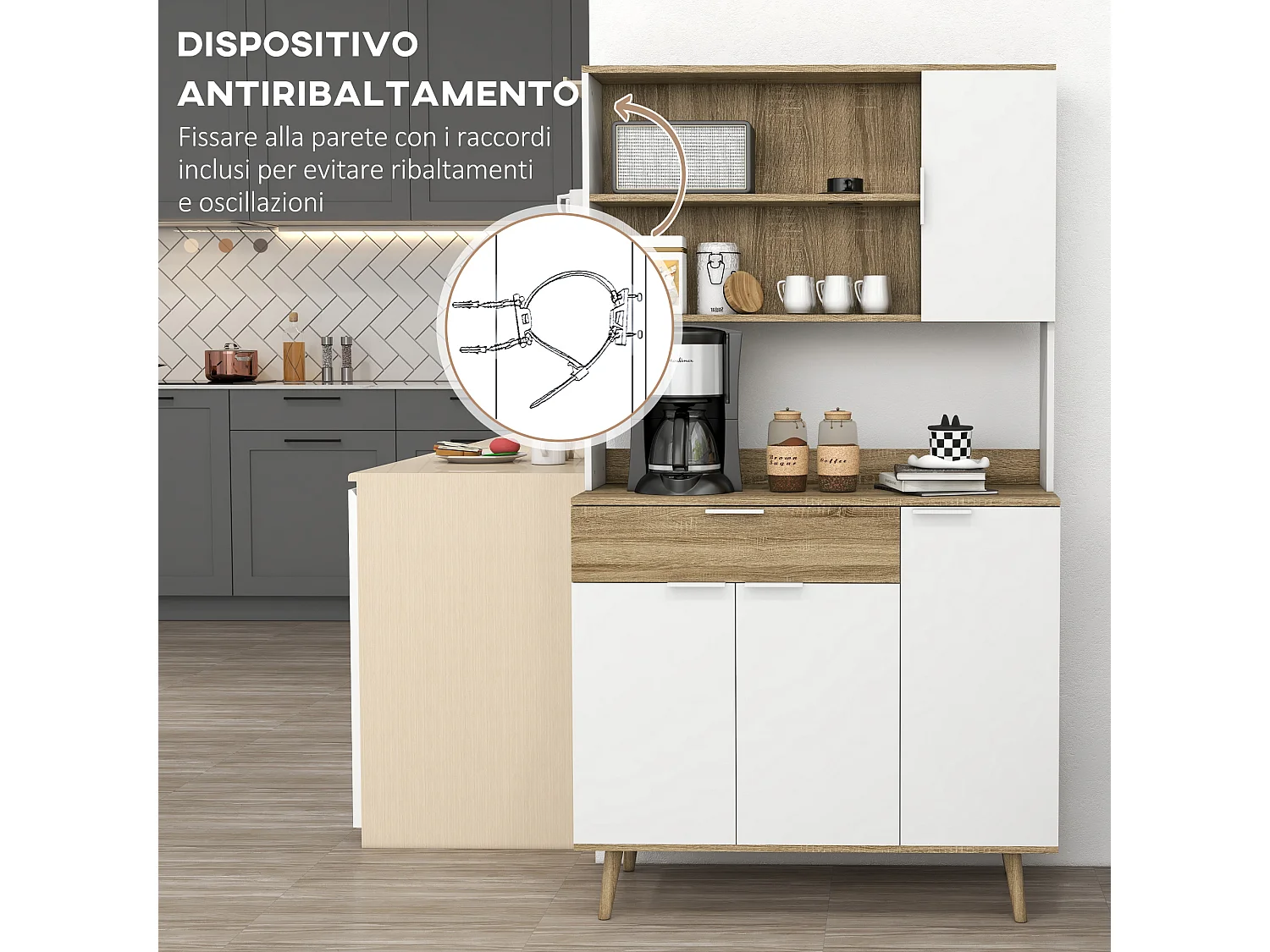 Credenza moderna con armadietti e cassetto 98x39x180cm bianco e legno