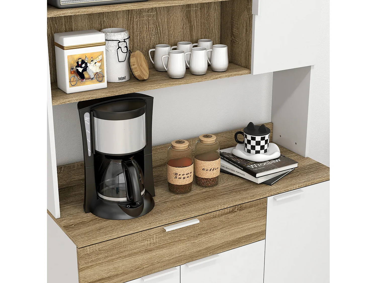 Credenza moderna con armadietti e cassetto 98x39x180cm bianco e legno