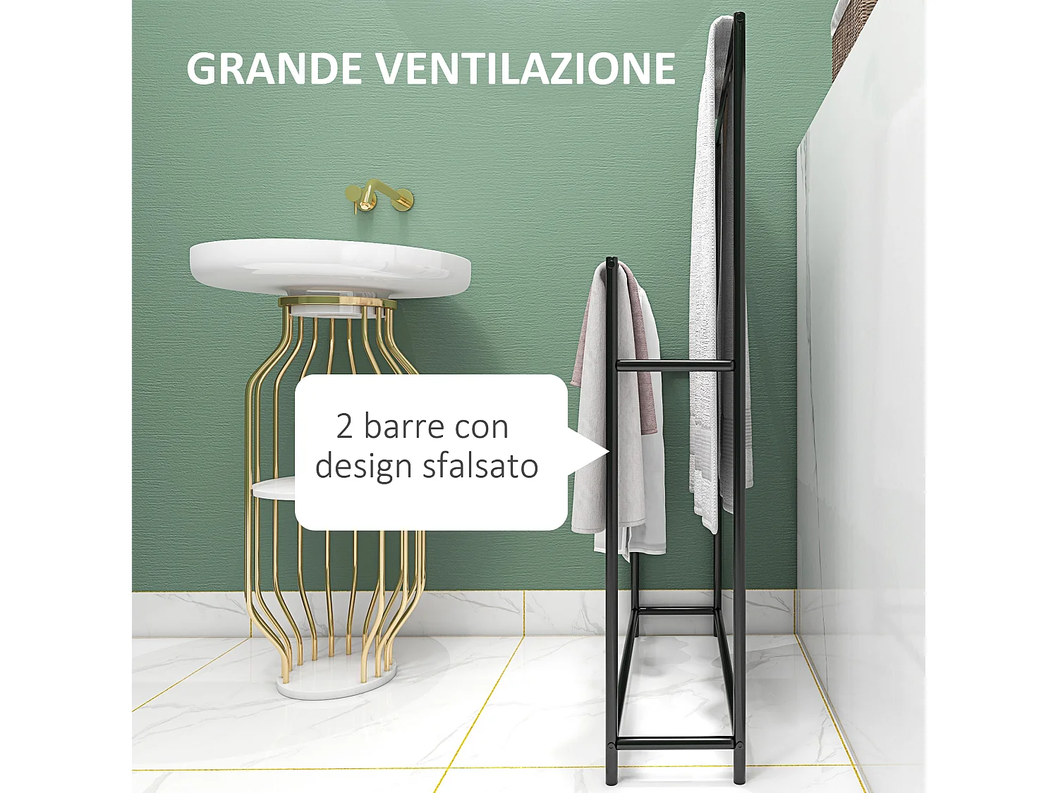 Portasciugamani bagno da terra con 2 bracci in metallo nero