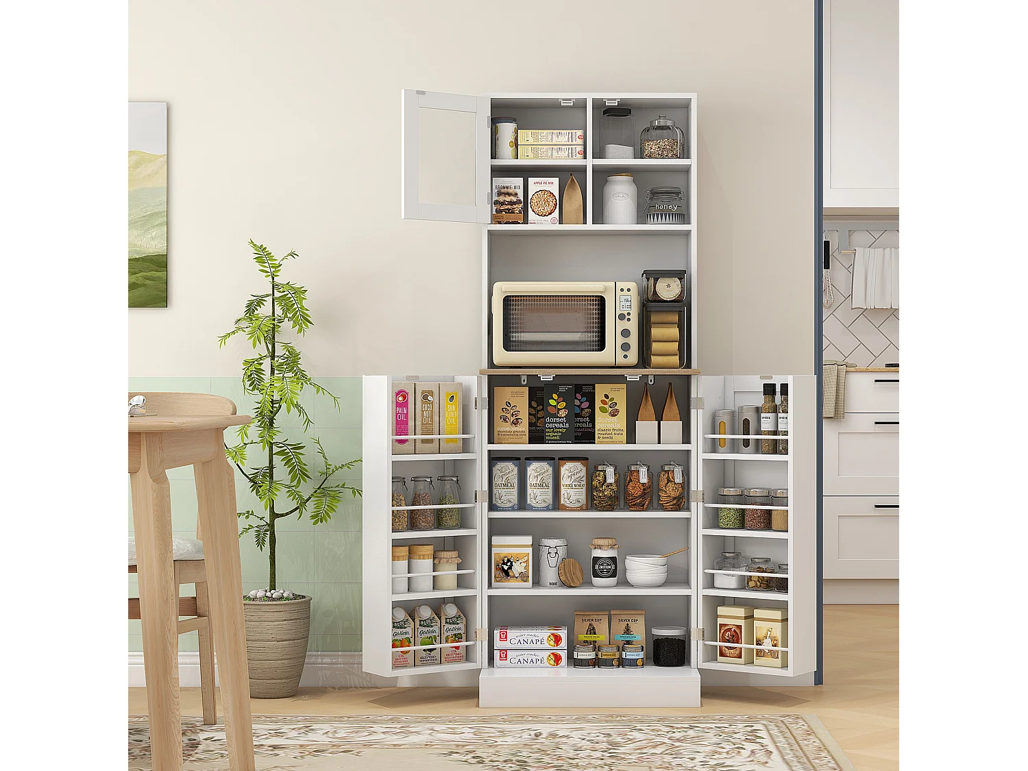 Dispensa da cucina porta microonde con ripiani aperti e ante bianco