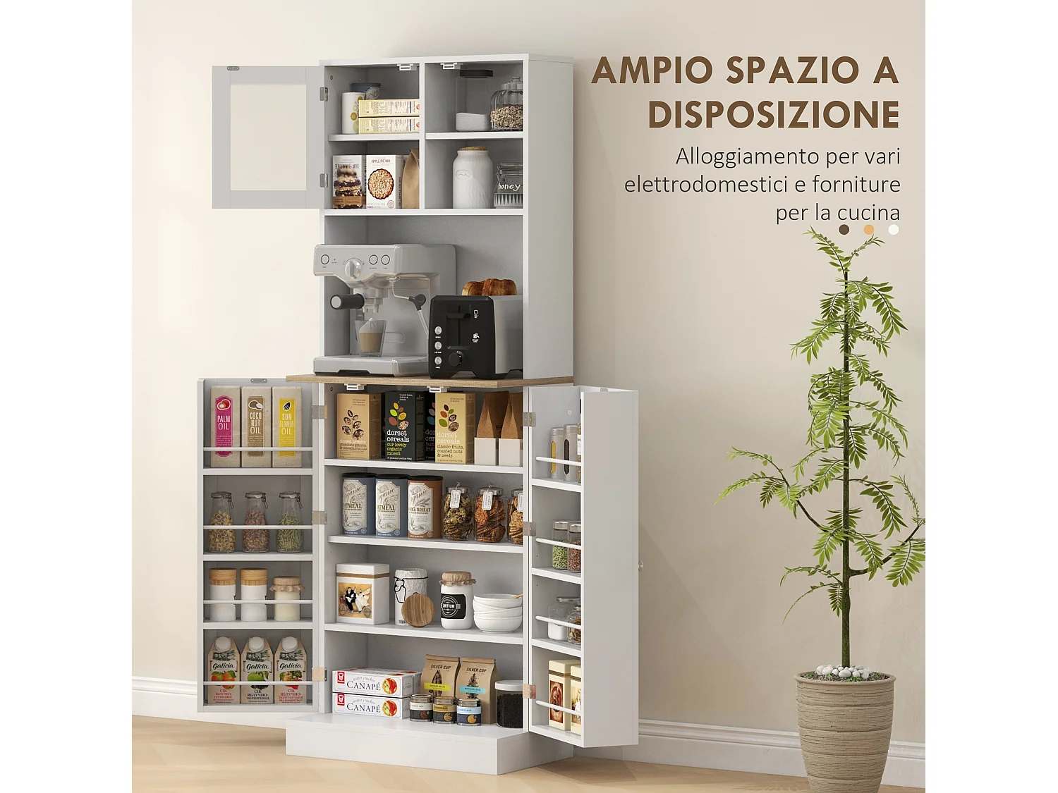 Dispensa da cucina porta microonde con ripiani aperti e ante bianco