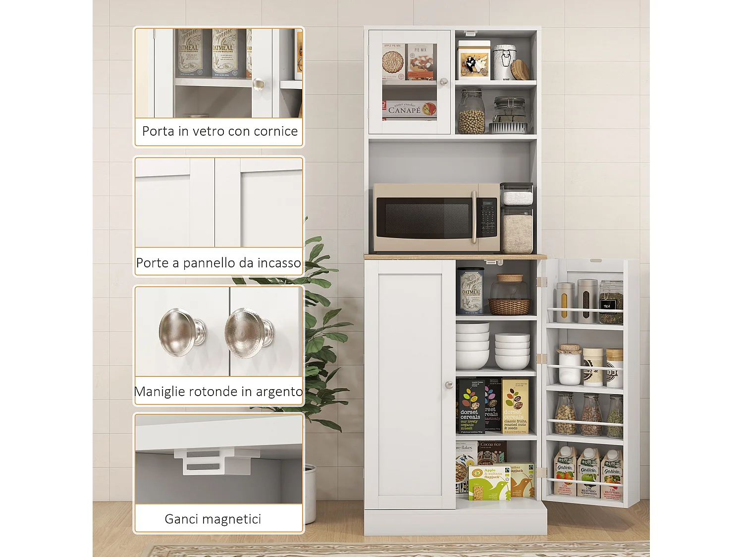 Dispensa da cucina porta microonde con ripiani aperti e ante bianco