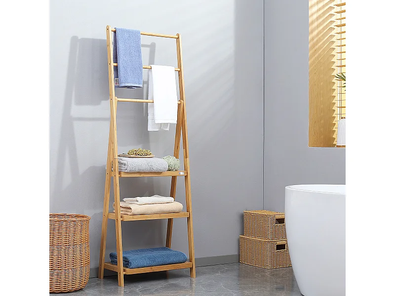 Portasciugamani bagno pieghevole con 3 barre e 3 ripiani in legno