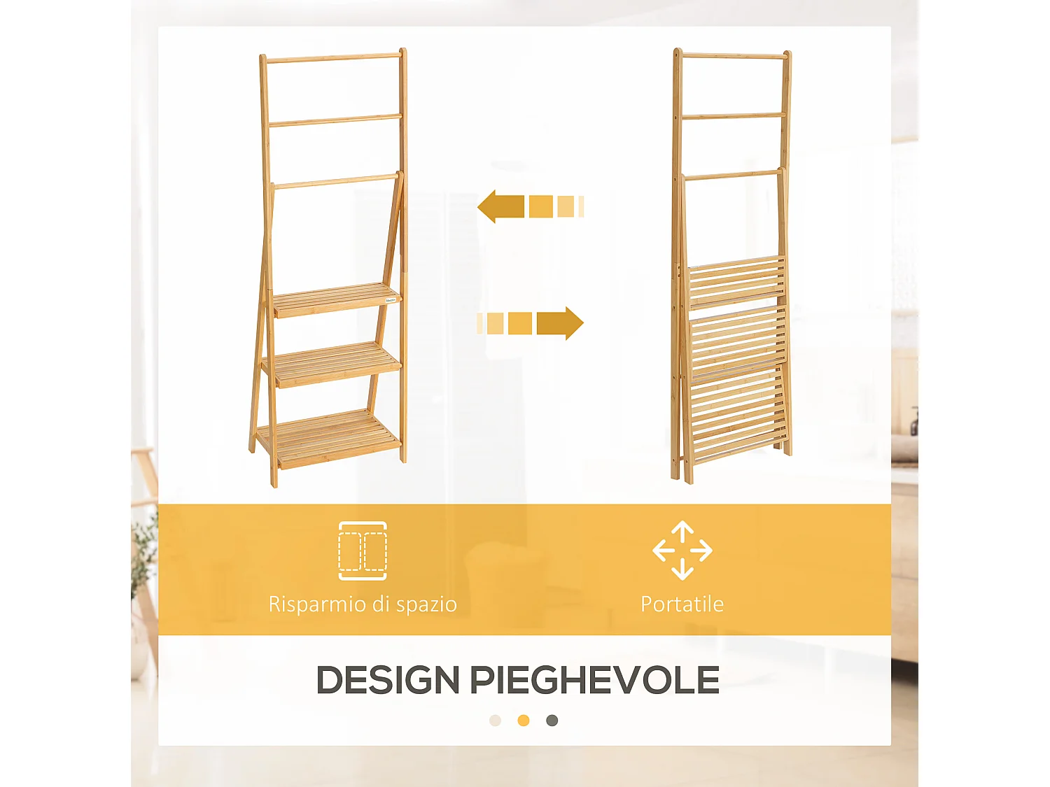 Portasciugamani bagno pieghevole con 3 barre e 3 ripiani in legno